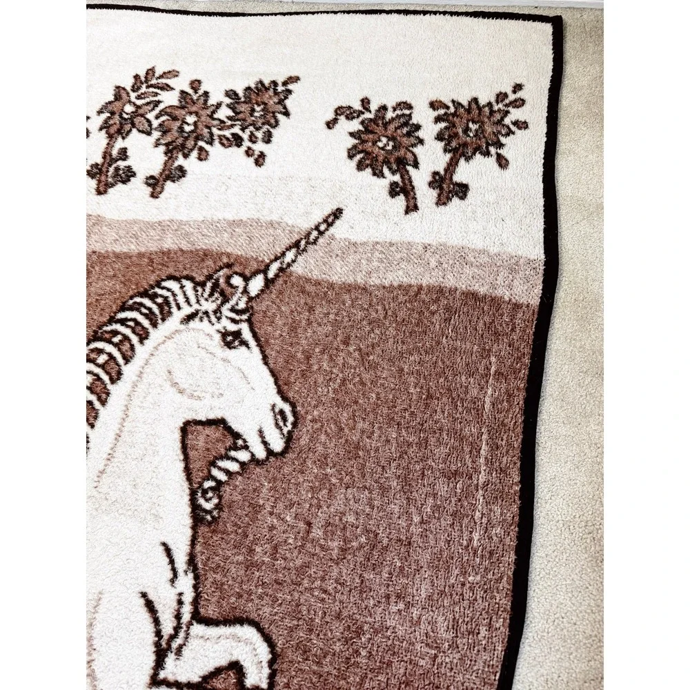 Vintage Reversible Unicorn Throw Blanket Floral Cottagecore Brown 84 x 52 Plush